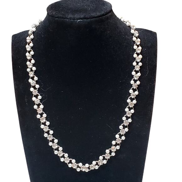 Dainty Faux Pearl Beads Rhinestone Choker Vtg Silver Tone Necklace 8" - Picture 1 of 5